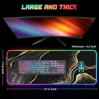 ITNRSIIET RGB Gaming Mouse Pad, Full Desk XL Extended Large Gaming Mousepad, 12 Lighting Modes 30% Thicker Big LED Desk Mat for Gamers, 32 x 12 inches, Black Gold Marbling - color: Black Gold Marbling