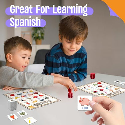 SpriteGru Spanish Bingo Game, 12 Vocabulary Bingo Board Game Bilingual Word Learning Educational Toys for Words Learning - Ages 5 and up (Up to 12 Players) - style: Spanish Bingo Game