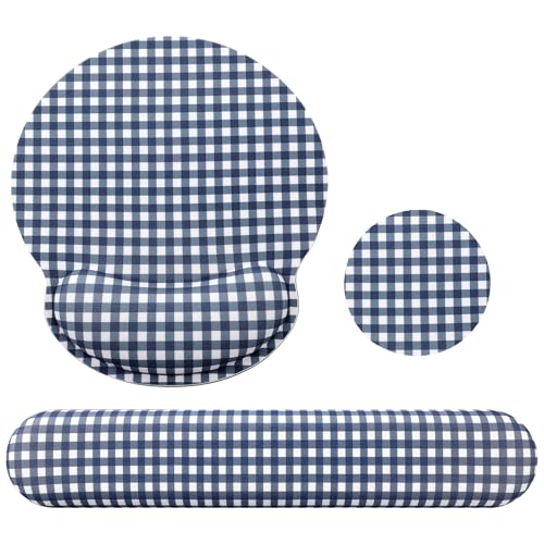 Tellegloww Wrist Rest Support for Mouse Pad&Keyboard Set, Navy Blue Gingham Checkered Circle Curved Ergonomic Mousepad&Coaster Non-Slip Base Design for Office Home Laptop Desktop Computer Keyboard - color: Navy Blue