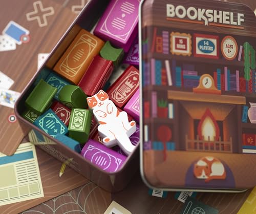 Alley Cat Games Bookshelf, Ages 8+, 2-4 Players | Cooperative Stacking Game, Skill & Balance Card and Book Tower Game in Travel Tin, Cooperative Tabletop Challenge