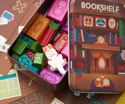 Alley Cat Games Bookshelf, Ages 8+, 2-4 Players | Cooperative Stacking Game, Skill & Balance Card and Book Tower Game in Travel Tin, Cooperative Tabletop Challenge
