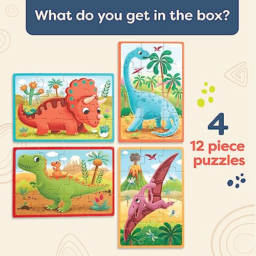 B. toys Pack o' Puzzles Wooden Dinosaur, 4 Pack, Wood Toys, 51-Piece Set | 4 wooden dinosaur puzzles with 12 pieces each, color-coded backs, sturdy wooden box for storage, Wood Toys, 3+ Years - style: Dino