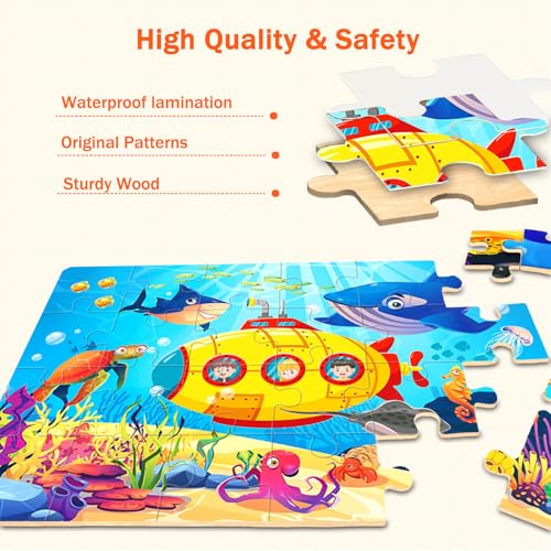 Wooden Puzzles for Kids Ages 4-6, 24 Pieces Dinosaur, Undersea, Wildlife, Farm Jigsaw Puzzles for Kids Ages 3-5. 4 Pack Toddler Puzzles Toys for Boys and Girls Ages 3,4,5,6 Year Old - color: Dinosaur+sea+animal+farm