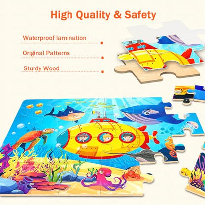 Wooden Puzzles for Kids Ages 4-6, 24 Pieces Dinosaur, Undersea, Wildlife, Farm Jigsaw Puzzles for Kids Ages 3-5. 4 Pack Toddler Puzzles Toys for Boys and Girls Ages 3,4,5,6 Year Old - color: Dinosaur+sea+animal+farm