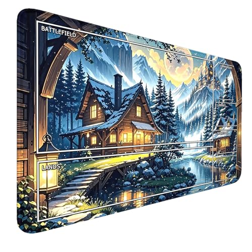 MTG Playmat- Stitched Edges Forest TCG Playmat-Non-Slip Landscape Play Mat Smooth Surface Rubber Base Board Game Mousepad 24x14 inches for Trading Card Game Playing with Storage Bags - color: Snow House Stitched Edges Mats With Zones