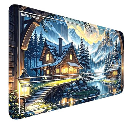 MTG Playmat- Stitched Edges Forest TCG Playmat-Non-Slip Landscape Play Mat Smooth Surface Rubber Base Board Game Mousepad 24x14 inches for Trading Card Game Playing with Storage Bags - color: Snow House Stitched Edges Mats With Zones