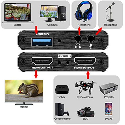 Capture Card, 4K HDMI Video Capture Card, Game Capture Card, 1080P 60FPS Video Capture Device, HDMI to USB 3.0 Capture Card for Streaming, Work with Camera/Xbox/PS4/PS5/PC/OBS - color: Black