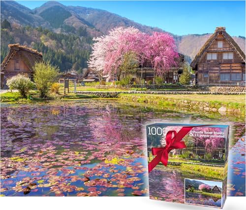 1000 Piece Puzzle for Adults - Scenic Village with Cherry Trees in Bloom, Gift-Ready Box, Letters on Back, 8 Jigsaw Puzzle Saver Sheets & Full-Size Poster by GERJATO - Ideal Gift for Loved Ones - color: Blooming Cherry Trees