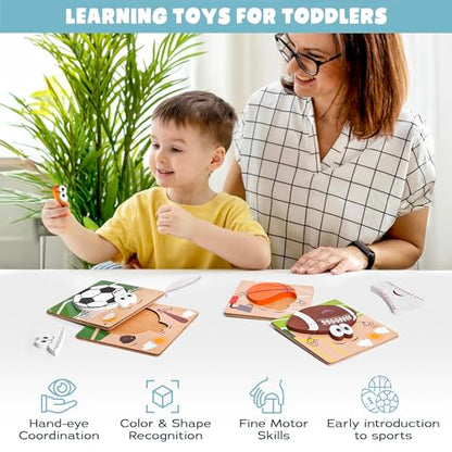 Wooden Sports Puzzles for Toddlers 2-4 | Wood Puzzles for Kids, Toddler Sports Toys for Toddlers, Basketball Toy, Football Toys, Baseball Toy, Soccer Toddler 2 3 Year Old Boy