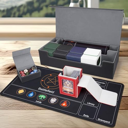 AFIING MTG Deck Box 6 In1 with MTG Playma,Premium Card Storage Box with 5 Pcs MTG Deck Box Holds 2400+ Trading Cards, Large TCG Card Deck Case for Magic Yugioh Sports Cards (Black&Grye) - color: Set Black Grey