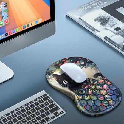 Mouse Pad with Wrist Rest, Canjoy Ergonomic Wrist Support with Massage | Ergonomic Massage Design & Relax and Relieve Fatigue & Non-Slip & PU Base, Comfortable Computer Mousepad for Office Home - color: Black Cat