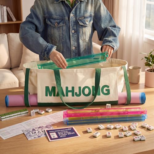 Abbylike 28x9 Inches Mahjong Bag for Rolled Mat Tiles Racks Pushers Accessories Empty Mahjong Tote Bag with Zipper Closure Outer Pockets Lining Large Capacity(Beige&Green,Canvas) - color: Beige&green