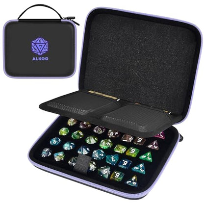 Hard DND Dice Case for 5 Polyhedral Dice Sets, Case Only | Hard shell dice case, holds 5 polyhedral sets, with removable divider and dual mesh pockets for DND/RPG game nights - color: Purple