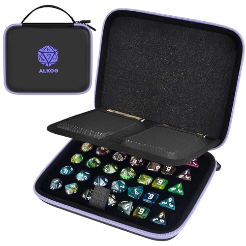 Hard DND Dice Case for 5 Polyhedral Dice Sets, Case Only | Hard shell dice case, holds 5 polyhedral sets, with removable divider and dual mesh pockets for DND/RPG game nights - color: Purple