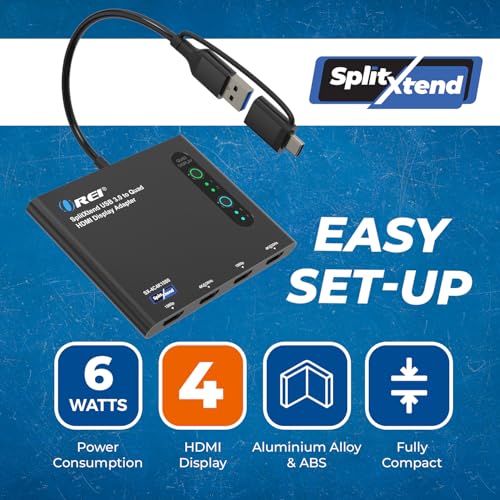 OREI SplitExtend HDMI Splitter Extended Display for Quad Monitor - Laptop Multiple Monitor Adapter with 4 Displays - USB-C to HDMI Adapter, 2X 4K@30Hz & 2X 1080p - Drivers Required - Windows/Mac | OREI SplitExtend HDMI Splitter Extended Display for Quad M