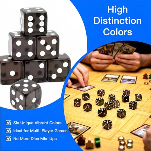 12 Piece 19 mm Casino Style Dice Set, Acrylic Translucent D6 Dice with Square Rounded Edge, Black for Craps, Table Games, Board Games, RPG, MTG, DND(Black) - color: Black