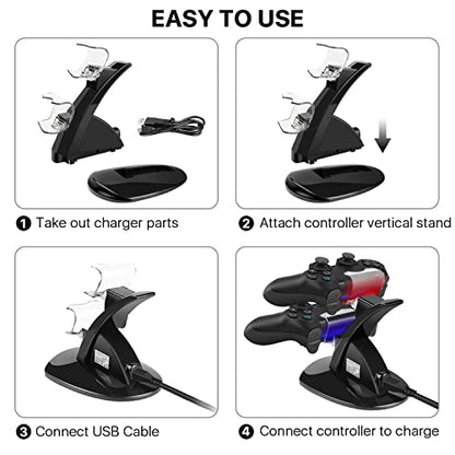 TNP PS4 Controller Charger Dock for 2 DualShock 4 Controllers, Black | Dual PS4 charging station charges 1 controller in about 2 hours or 2 in about 4 hours, with LED status indicators.