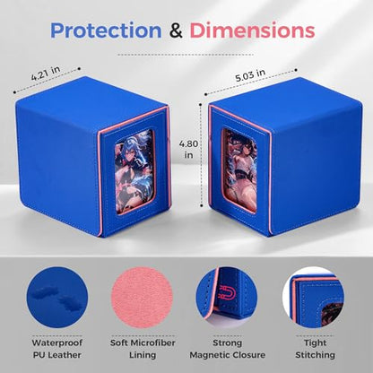 MTG Commander Deck Box with Dual Display Windows and Dice Tray | Fits 100 Double-Sleeved Cards, PU Leather, 2 Magnetic Card Holders, 2 Dividers, Blue & Pink - color: 3. Blue & Coral Pink