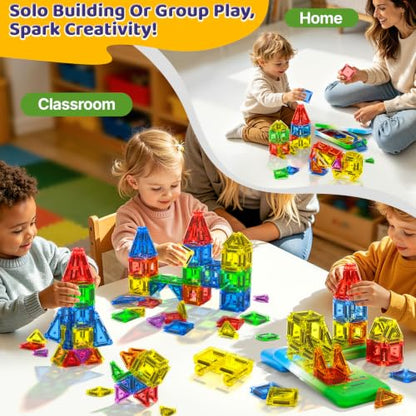 Mini Magnetic Tiles Travel Set with Car, Magnetic Toys for Toddlers | Magnetic Blocks for Kids Ages 3+, Portable Travel Kids Toys with Metal Storage Box, Christmas Birthdays Gifts for Boys Girls