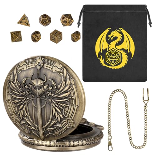 Mini DND Dice Set with Steampunk Paladin Pocket Watch Shell Case, DND Starter Set, 7pcs Polyhedral Mini Metal Dice Set, DND Gifts with Gift Bag, Role Playing Board Game Accessories,Bronze - color: Bronze