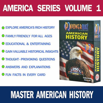 American History Trivia Game for Kids & Adults | 200 Questions, 5 Difficulty levels Beginner to Expert, Fun facts, Explanations, Premium Matte Cards, Hard Storage Box - style: American History