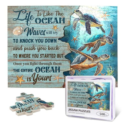 Sea Turtle Ocean Jigsaw Puzzle for Adult 500 Pieces Unique Inspiration Quote Wooden Jigsaw with Letters on Back Challenging Family Activity Games Turtle Gifts - color: Ocean Turtle 01, size: 500PCS