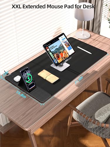 Mouse Pad with Magnetic Wireless Charging & Adjustable Phone Stand, 31.5"x15.8" Extended Desk Mat, Waterproof Ultra-Smooth Keyboard Pad, Non-Slip Base, with 20W PD Adapter, Black - color: Black-Magnetic Stand-31.5"x15.8"-Adapter