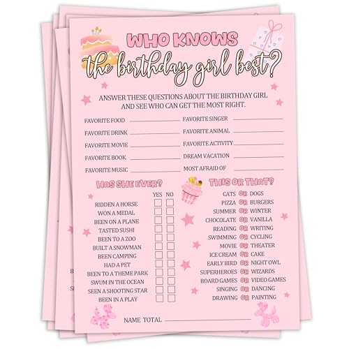 Birthday Party Games, Who Knows The Birthday Girl Best, 25 Pcs Double-Sided Fill-in Card Set for Guests, Fun Birthday Game for Teen Adults – A09