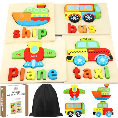 TOY Life Toddler Puzzles Ages 2-4, 4 Vehicles with Spelling Wooden Puzzles for Toddlers 3-5, Montessori Toys Gifts for 1 2 3 Years Old Boys Girls, Christmas Birthday Gifts Learning Toys for Kids - style: Vehicles with Spelling 4PCS