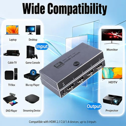 8K HDMI Switch: HDMI 2.1 Switcher 3 in 1 Out Supports CEC 8K@60Hz, 4K@240Hz, HDCP 2.3 HDR 3D Dolby Atmos VRR IR Remote Compatible with Popular Gaming Consoles and Media Devices