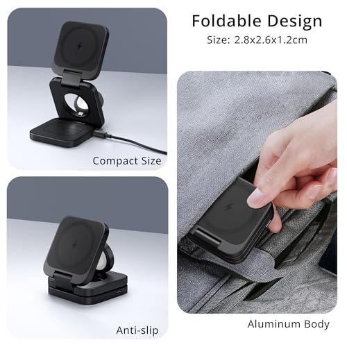 3-in-1 Wireless Charger Stand, LULULOOK 15W Magnetic Charger Wireless Fast Charging Station for iPhone 16/15/14 Series, Aluminum 5W Charger for Apple Watch, AirPods, USB-C Charging Cable Included - color: Black