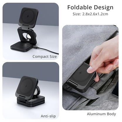 3-in-1 Wireless Charger Stand, LULULOOK 15W Magnetic Charger Wireless Fast Charging Station for iPhone 16/15/14 Series, Aluminum 5W Charger for Apple Watch, AirPods, USB-C Charging Cable Included - color: Black