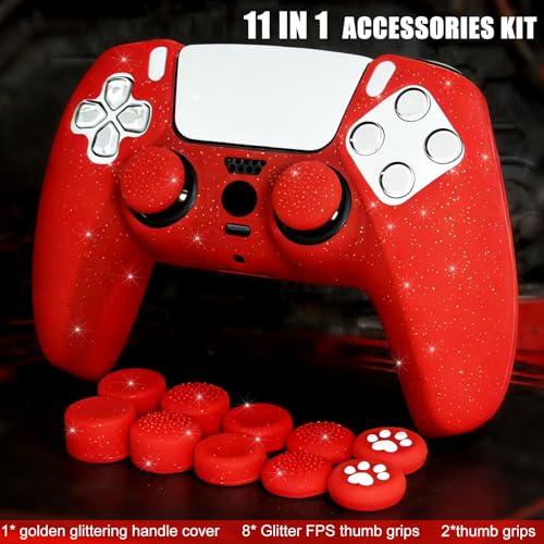 Red Glitter Anti-Slip Protective Silicone Cover Skin Grips Compatible with PS5/Slim/Pro Controller,8 PCS Thumb Grips Caps and 2 Grips Caps. (Glitter Red) - color: Red