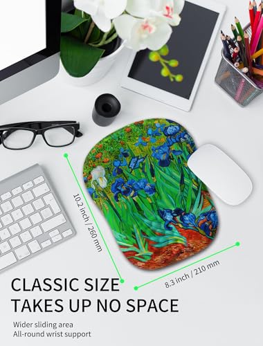 Hokafenle Ergonomic Wrist-Hugging Mouse Pad Wrist Support, U-Shaped Holding Wrist Rest Mousepad for Carpal Tunnel Pain Relief with Cushioned Memory Foam Slope Massage Bulge (10.2x8.3 in,Iris Flower) - color: Van Gogh Iris Flower