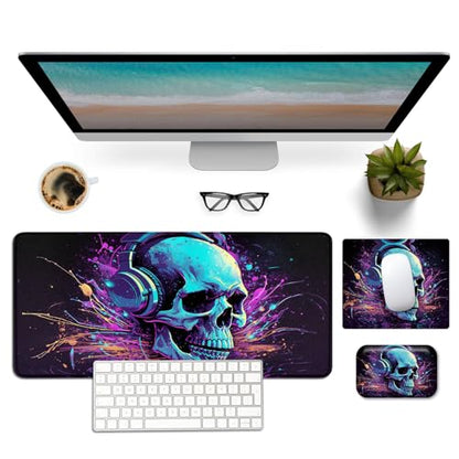 Mouse Pad Desk Mat Ergonomic Wrist Support Pad Set,Mouse Wrist Rest Keyboard Pad with Stitched Edges and Non Slip Base-Skull DJ Music - color: Skull Dj Music