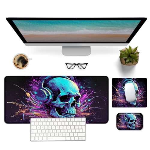 Mouse Pad Desk Mat Ergonomic Wrist Support Pad Set,Mouse Wrist Rest Keyboard Pad with Stitched Edges and Non Slip Base-Skull DJ Music - color: Skull Dj Music