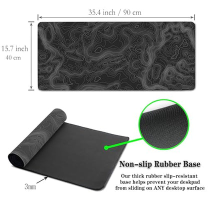 Computer Desk Pad - Black and White, Gaming Keyboard and Mouse Pad, Non-Slip Rubber Base, 35.4 X 15.7 inch for Work/Game/Office Topographic Map - color: Topographic Map Lines