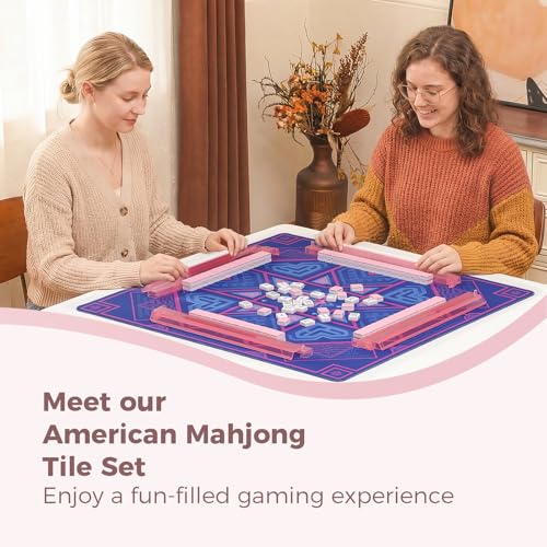 American Mahjong Tile Set with Printed Handbag, 166 Premium Pink Tile and Accessories, Portable and Stylish Mahjong Set, Mahjong Game Set for Travel, Gifts（Pink, No Racks） - color: Pink