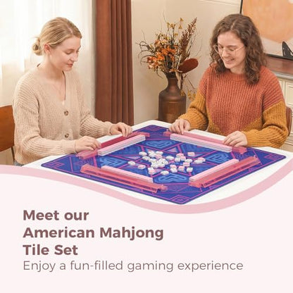 American Mahjong Tile Set with Printed Handbag, 166 Premium Pink Tile and Accessories, Portable and Stylish Mahjong Set, Mahjong Game Set for Travel, Gifts（Pink, No Racks） - color: Pink
