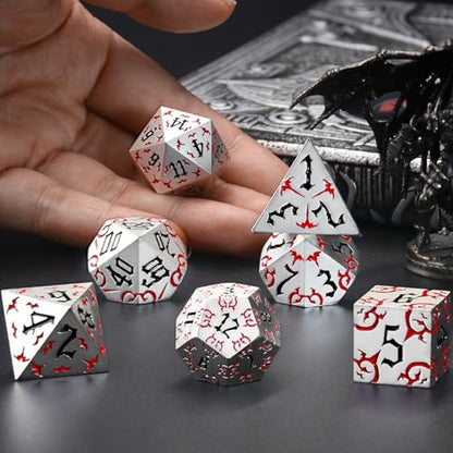 ZHOORQI Metal DND Dice 7Pcs Bat Design Polyhedral Die Set(BF-White Red) | Sharp Edge D and D Dice for Dungeons and Dragons DM RPGs Gift Gaming Collection - color: Bat-white Red