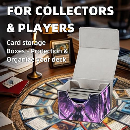 Trading Card Storage Box, Holds 100+ for MTG Cards, PU Leather with Magnetic Closure, Dark Winged Elf in Purple Lightning Durable Deck Box for Magic the Gathering, Trading Card Games - color: Dark Winged Elf in Purple Lightning