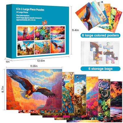 6 Pack 24 Large Piece Puzzles for Seniors Puzzle Dementia Alzheimer's Products Activities Alzheimer's Jigsaw Puzzle Eagle Beach Deer Easy Puzzle Cognitive Games Gifts for Adult Elderly Seniors | Deer Eagle Tiger Animals Alzheimer's Jigsaw Puzzle,Beach Pla