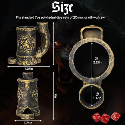 Dice Tower Mug, Dice Rolling Tower, Comes with 7 PCS Dice Set, Suitable for DND Dungeons and Dragons, Tabletop Games, Available As Drink Holder, D&D Gifts, DND Accessories (Gold) - color: Gold