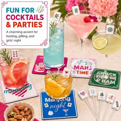 Mahjong Coasters and Drink Stirrers Set, 16-Piece Mahjong Accessories with 8 Square 4-Inch Coasters and 8 Acrylic Cocktail Swizzle Sticks, Gifts for Women and Game Night.