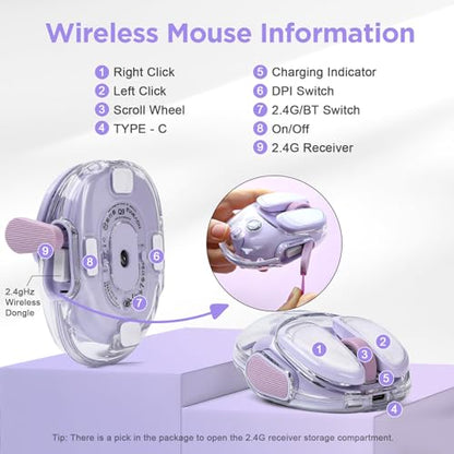 Q9 Chargeable Portable Silent 2.4GHz/Bluetooth Dual Mode Wireless Cute Mouse, 4 Adjustable DPI,4800 DPI Optical Tracking Clear Mouse with RGB Lighting, Compatible Win/Mac/Android/iOS(Purple) - color: Purple