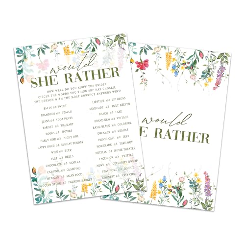 Would She Rather Game Cards, Wildflower Bridal Shower Games Card, Floral Wedding Shower Games Set, 25 Game Cards for Bridal Shower Wedding Bachelorette Engagement, 04 - style: Would She Rather