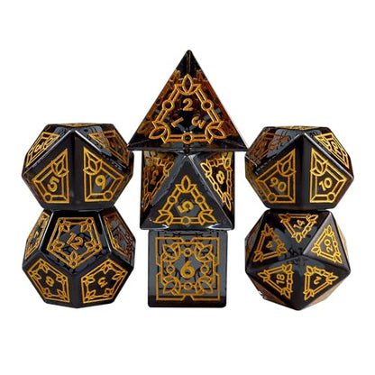 Premium Obsidian DND Dice Set with Celtic Knot Engravings – 7 Piece Polyhedral Gemstone Dice for Dungeons and Dragons, RPG, Tabletop Games – Black with Gold Numbers(Glass, Grey) - color: Grey