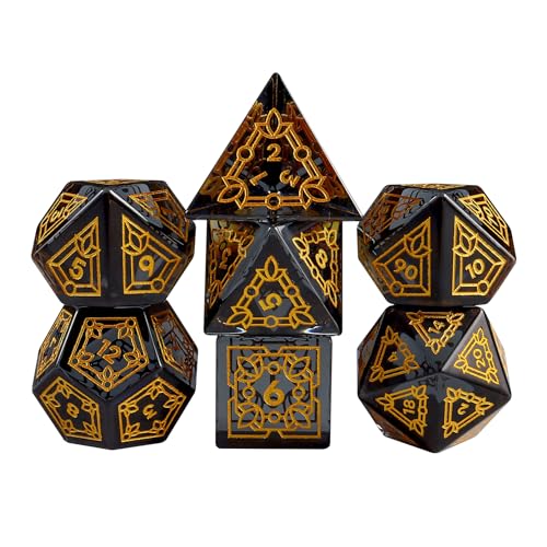 Premium Obsidian DND Dice Set with Celtic Knot Engravings – 7 Piece Polyhedral Gemstone Dice for Dungeons and Dragons, RPG, Tabletop Games – Black with Gold Numbers(Glass, Grey) - color: Grey