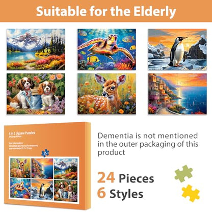 6 Pack Large Piece Puzzles for Seniors, 24 Piece Dementia Puzzles for Elderly Penguin Sea Turtle Deer Jigsaw Puzzle Alzheimer's Dementia Products Products for Adult Cognitive Gifts Toy for Men Women - style: 24 Large Pieces