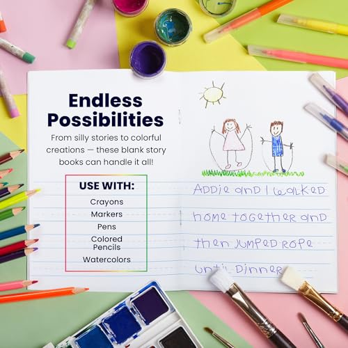 Hygloss Half Blank Books for Kids to Write Stories & Illustrate – Bulk 100 Pack – 5.5" x 8.5" A5 – Primary Journal for Grades K-2, Preschool/Kindergarten Notebook with Picture Space – 24 Pages, White - color: White, style: 100 Books